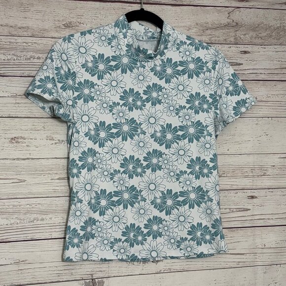 🍗 Unbranded White/Turquoise Flower Mock Neck Top Small - Picture 2 of 4